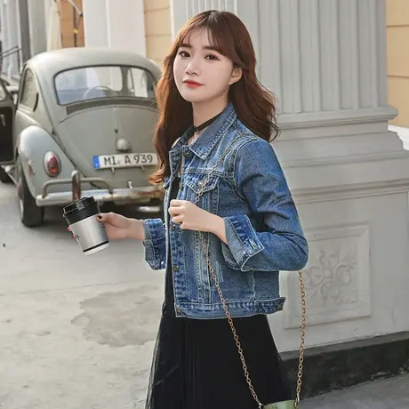 ins春秋新款修身短款牛仔褂外套女网红显瘦百搭上衣服潮深蓝商品大图
