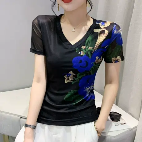 气质T恤女短袖2024夏季新款网纱打底上衣设计感小众印花V领小衫潮商品大图