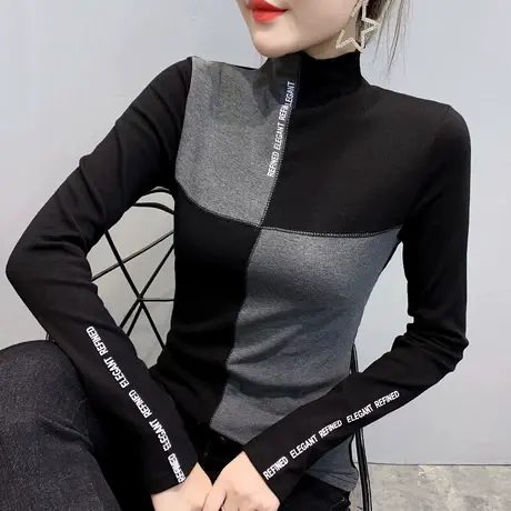 半高领加绒打底衫女内搭秋冬长袖拼色设计感修身上衣时尚磨毛T恤商品大图