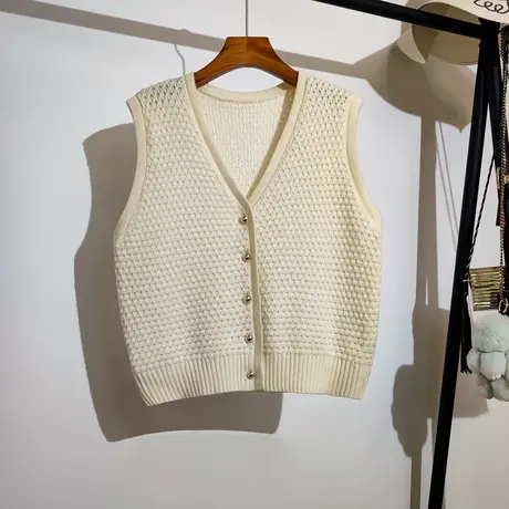 小香风针织马甲开衫女春秋新款法式v领纯色无袖坎肩毛线背心外套商品大图