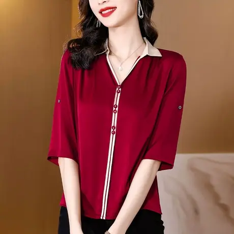 衬衫女短袖2023新款夏季薄款真丝小衫高端洋气大码气质雪纺女上衣图片