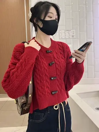 高腰短款麻花毛衣开衫女2023秋装新款宽松外穿牛角扣针织衫外套潮商品大图