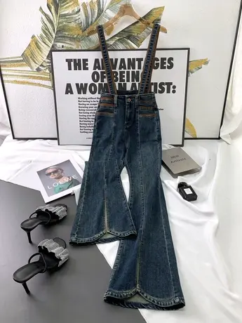 韩版条纹牛仔背带裤女2023秋季新款弹力显瘦百搭高腰喇叭吊带长裤商品大图