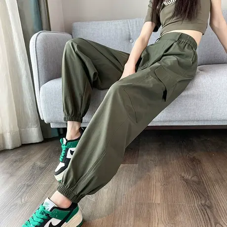 军绿色工装裤女春秋2025年新款高腰宽松显瘦小个子休闲哈伦束脚裤商品大图