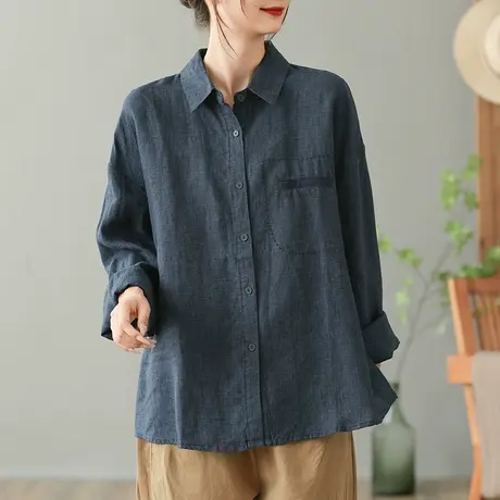 dza 复古文艺气质亚麻上衣女士衬衫春秋宽松棉麻衬衣休闲polo上衣图片