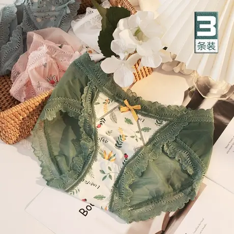 日系甜美少女内裤冰丝印花女士性感蕾丝网纱纯棉裆三角仙仙裤夏薄图片