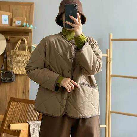 dza 复古宽松V领菱格棉衣外套女冬保暖漂亮棉服休闲百搭棉袄上衣图片