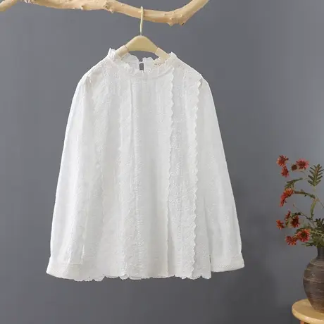 花边套头圆领短款衬衫女春秋白衬衣韩范长袖刺绣上衣清新打底衫图片