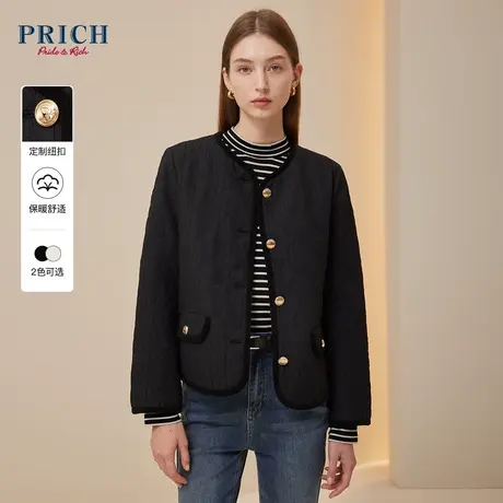 PRICH冬新款小香风菱格大提花圆角灯芯绒包边棉服短款外套女商品大图