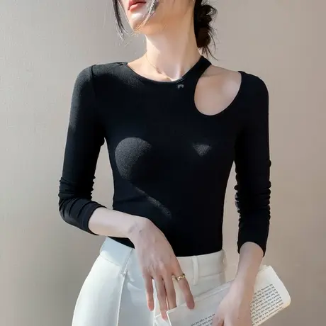 法式镂空领长袖针织衫女2023秋冬新品修身显瘦棉设计感小众打底衫图片