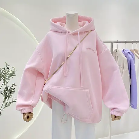 连帽套头卫衣女加绒加厚美式复古字母印花宽松大码外套上衣ins潮商品大图