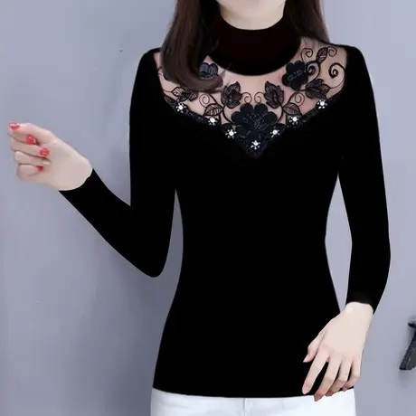 蕾丝上衣女春秋女装妈妈装中年新款洋气百搭长袖加大码套头打底衫商品大图