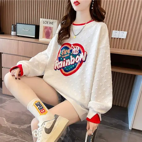 早春卫衣女春秋季韩版宽松薄款ins小个子华夫格假两件上衣外套潮商品大图