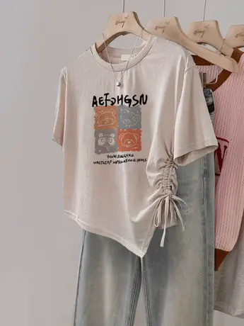 hiphop美式潮牌上衣女夏别致不规则抽绳下摆ins潮大码遮肚T恤短袖商品大图