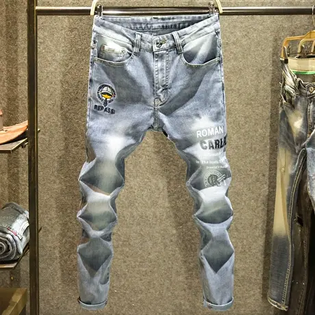 高端男士蓝灰色牛仔裤夏季轻奢烫钻修身男裤欧洲站时尚潮牌小脚裤商品大图