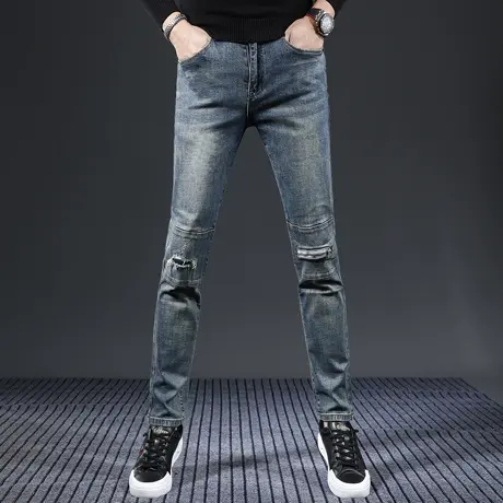 牛仔裤秋冬款男修身小脚裤蓝色2023新款破洞潮牌痞帅男士裤子青年商品大图