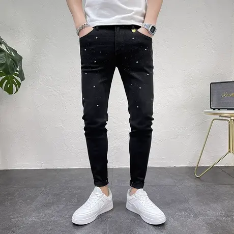裤子秋款男休闲长裤潮流修身小脚牛仔裤黑色个性镶钻流行男士裤子商品大图