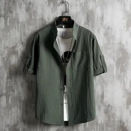 男装日系复古亚麻短袖衬衫男士潮牌七分袖胖子加大码韩版潮流衬衣商品大图