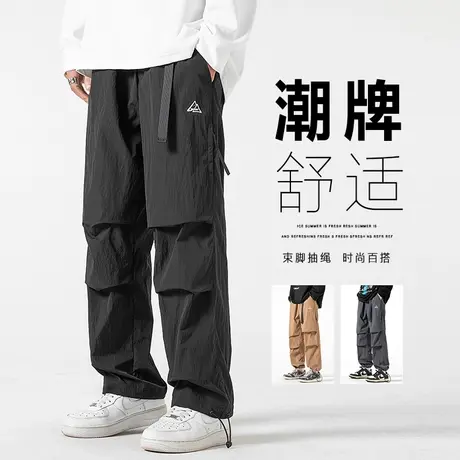 潮牌高端设计感春季美式高街工装春秋款男生抽绳束脚休闲裤子春装商品大图