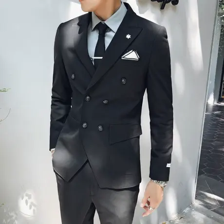 韩版双排扣小西装外套男新郎结婚礼服修身痞帅复古休闲西服套装潮图片