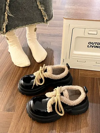 黑色英伦风小皮鞋女2023秋冬季新款复古系带玛丽珍单鞋加绒乐福鞋商品大图