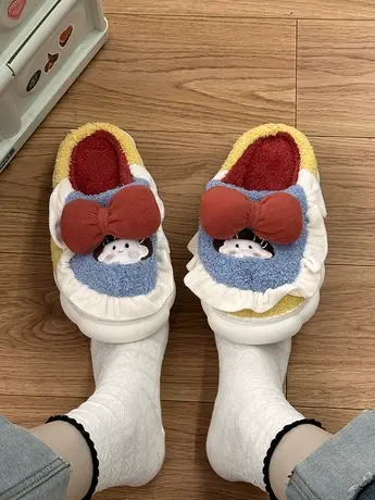 包头棉拖鞋女2023新款秋冬季厚底家居可爱网红蝴蝶结毛毛拖鞋包跟商品大图