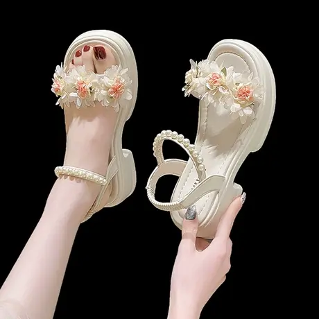 厚底凉鞋2023年新款女夏粗跟珍珠花朵少女小清新配裙子沙滩罗马鞋商品大图