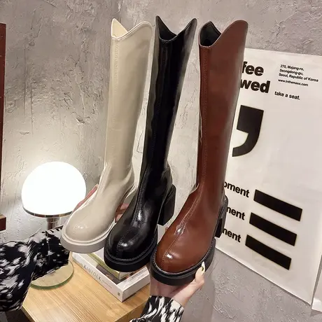 V口长筒靴女粗腿2024秋冬季新款胖mm大筒围粗跟棕色高筒丝袜长靴商品大图