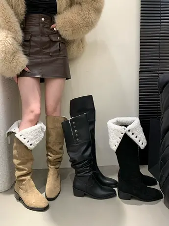 2023新款春秋堆堆靴小个子长筒靴褶皱显瘦绒面粗跟长筒两穿骑士靴图片