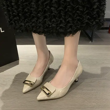 2023新款韩版时尚性感小众仙女风设计感浅口方扣细跟一脚蹬单鞋女商品大图