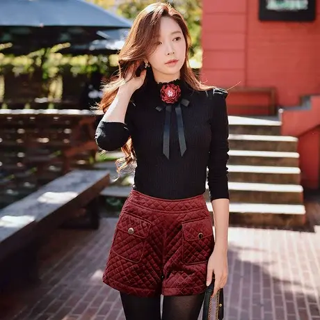 【直播】粉红大布娃娃高腰短裤女冬装酒红色复古显瘦保暖打底短裤商品大图