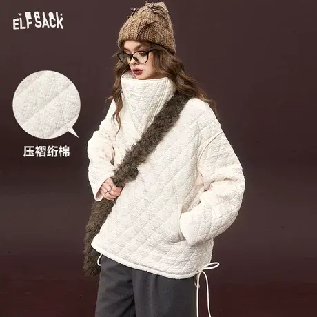 妖精的口袋白色菱格高领棉服女2023冬季新款小个子设计感宽松棉衣商品大图