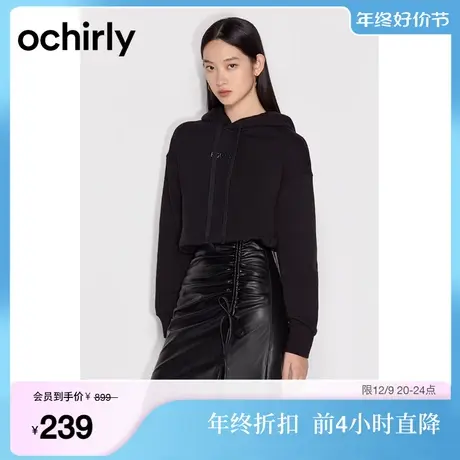 黑标系列 欧时力新款春装印花抽绳连帽休闲长袖T恤纯棉卫衣女商品大图