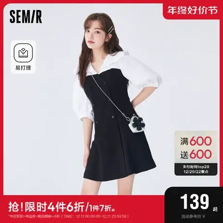 森马连衣裙女木耳边大翻领优雅时尚百搭秋季易打理拼色小黑裙通勤图片