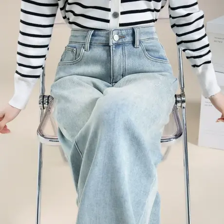 浅蓝阔腿牛仔裤女高腰2024年新款春秋季宽松显瘦窄版直筒裤长裤子图片