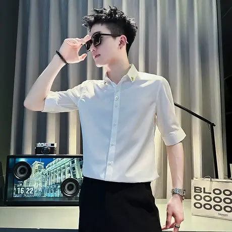2023夏季男士短袖衬衫修身发型师潮牌中袖衬衣潮流休闲帅气薄款商品大图