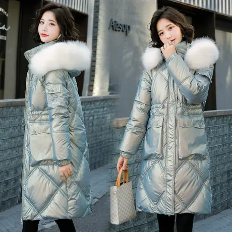 2023年新款亮面羽绒棉服女中长款冬装外套修身韩版可脱卸帽大毛领图片
