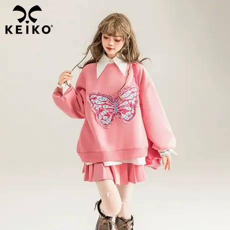 KEIKO 蝴蝶花刺绣圆领卫衣女24早春多巴胺穿搭甜美粉色宽松上衣商品大图