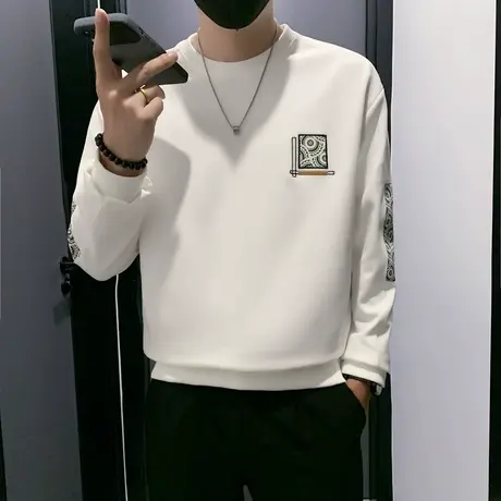 潮牌卫衣男爆款高级简约印花打底衫痞帅休闲2023秋季个性长袖t恤商品大图