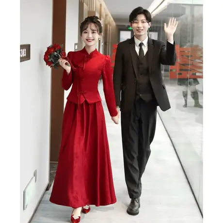 红色旗袍敬酒服2023新款新娘秋冬季长袖订婚礼服回门服秀禾服嫁衣商品大图