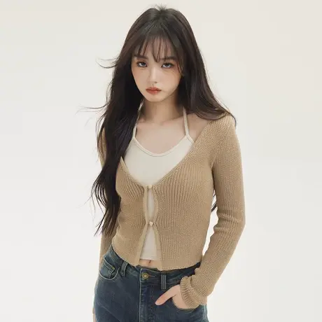 尔给2024早春新款短款显瘦上衣设计感小众吊带背心针织开衫外套女商品大图