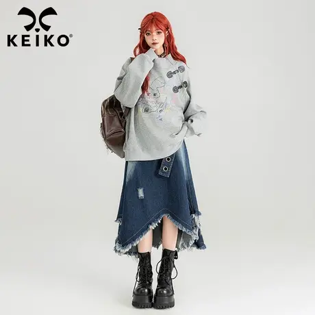 KEIKO 涂鸦印花灰色卫衣女2024春季酷感皮扣饰半高领斜襟加绒外套商品大图