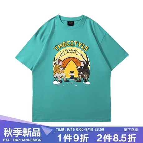 运动短袖纯棉大码ins风国潮露营风休闲百搭情侣绿色t恤衫半袖夏季商品大图