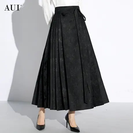 AUI黑色新中式提花马面裙女2024春新款高级感高腰显瘦百褶半身裙图片