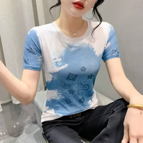 气质圆领短袖打底衫上衣修身显瘦洋气减龄T恤女网纱印花春秋新款图片