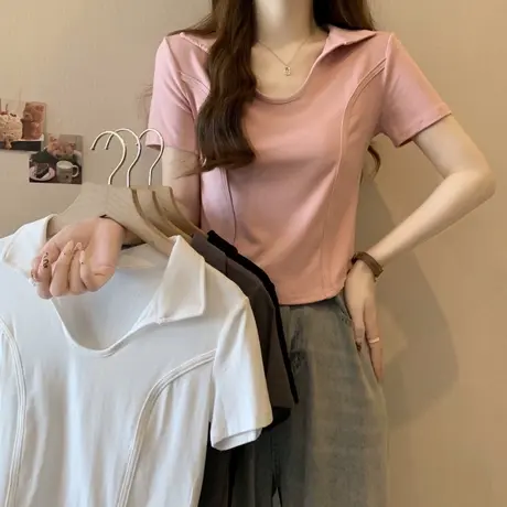 设计感鱼骨V领短款短袖T恤女夏季学生半袖内搭打底衫chic港味上衣商品大图