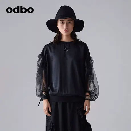 odbo/欧迪比欧时尚设计感小众网纱拼接T恤女春季新款舒适百搭上衣商品大图