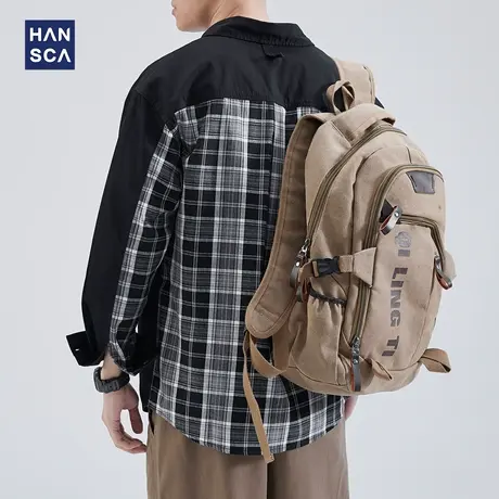 hansca格子衬衫长袖男美式休闲2023春季潮牌拼接宽松百搭纯棉外套商品大图