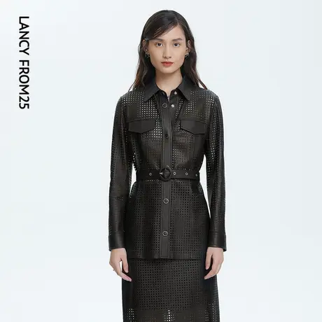 LANCY朗姿女装[波点游戏]22春夏新款显款绵羊皮衣外套衬衫领图片