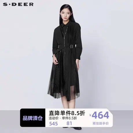 sdeer圣迪奥女装翻领风琴褶收腰网纱拼接长袖连衣裙S21381209图片